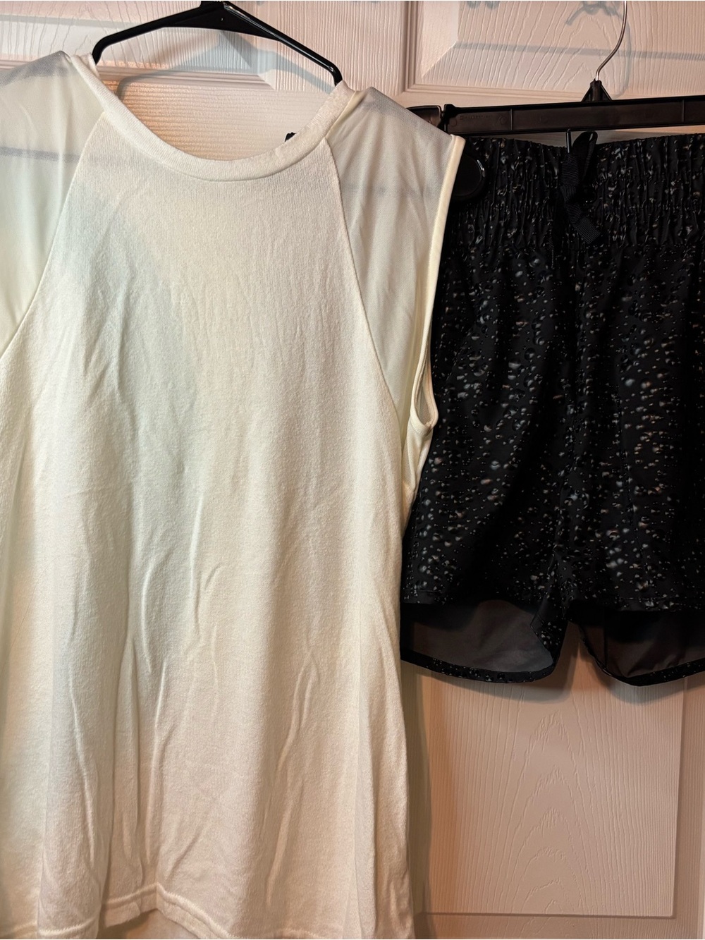 ZYIA Cream Scoop Neck Sleeveless Top, Black Running Shorts & Green Hoodie